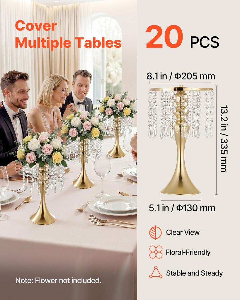 20 PCS Wedding Flower Vase, 33.5 cm Tall Flower Table Centerpieces, Crystal Banquet Vases Easy Installation, Electroplated Finish, Versatile