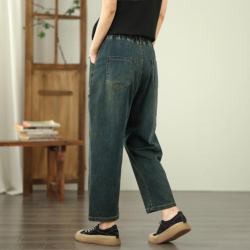 Dimanaf 2025 Летние джинсы больших размеров для женщин, эластичные базовые длинные брюки, джинсовые свободные шаровары, повседневные синие брюки