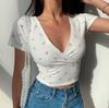 Women's Summer Retro Floral V-Neck Slim Fit Crop Top T-Shirt