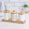 4 Pcs/set ,3 Swabs/balls/pads Holder with 1 Dresser Bamboo Tray, Apothecary Jar with Bamboo Lid, Clear Bathroom Container