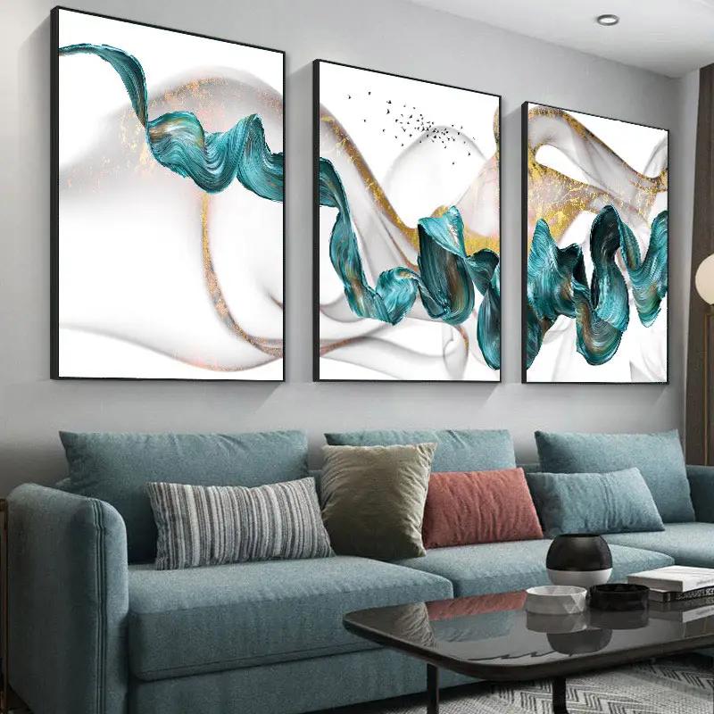 3PCS Frameless Abstract Blue Green Ribbon Canvas Painting Fashion Luxury Wall Art Poster Print Picture Home Living Room Decor