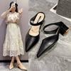 Wearing Cool Slippers Outside, Women's Summer New Baotou Half Slippers, Medium Heel Pointed Thick Heel Sandals