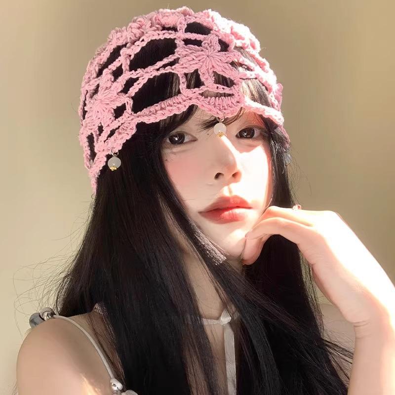 Spring and summer hand-woven hollow bald hat women's crochet ethnic style fringed pullover hat bohemian style knitted