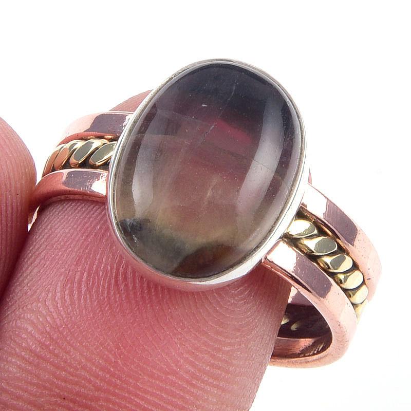 Natural Fluorite Gemstone Handmade 925 Sterling Silver Two Tone Ring S.10 A8A54