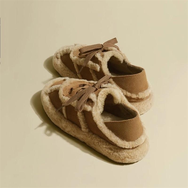 2024 Artificial Fur Flat Shoes Women 2024 New Winter Lace Up Casual Warmth Shoes Versatile Bean Shoes Velvet Snow Boots Retro Style