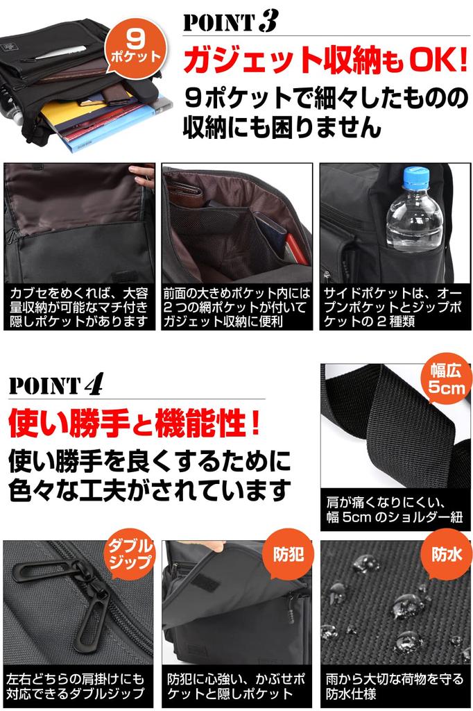 Сумка через плечо Crossbody A4 Wide Водоотталкивающая Большая вместимость Легкая Унисекс SM2101 [Bebe Field] Мужская (черный)