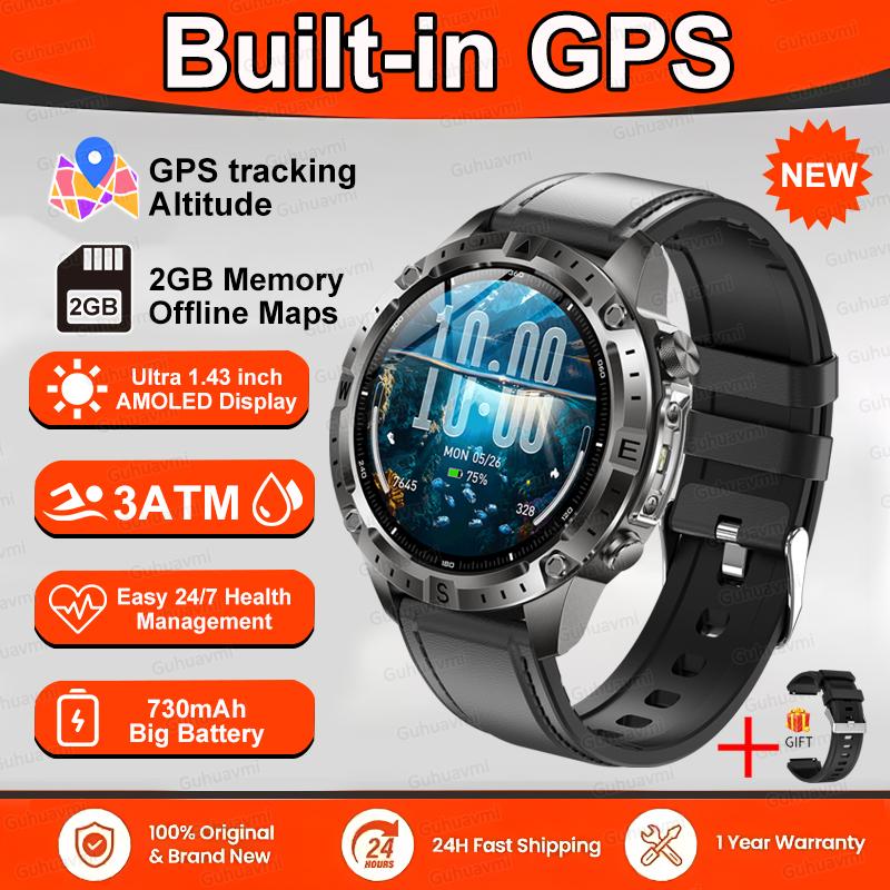 Умные часы Мужские GPS-трек Высококлассные часы Водонепроницаемые для плавания Умные часы Шестиосевой датчик Спортивные умные часы 2 ГБ памяти GPS-карта