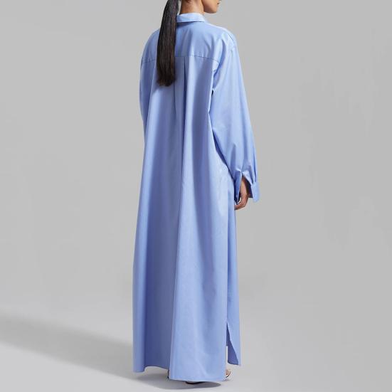 Женское платье-рубашка с лацканами, длинным рукавом, боковым разрезом, повседневная рубашка, однотонное платье макси с застежкой на пуговицы, повседневная одежда