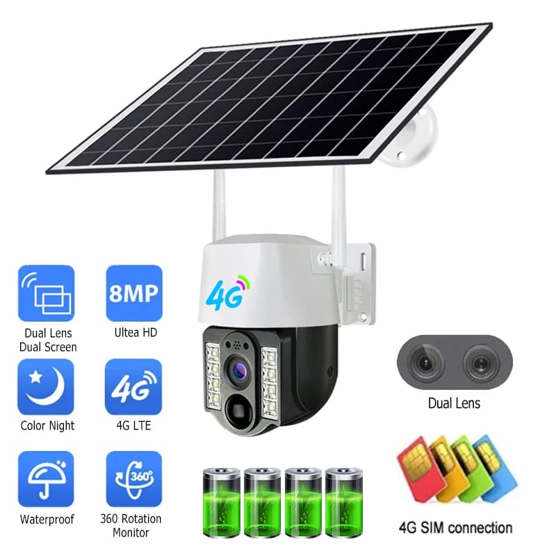 4G 1080P SIM Card Solar Smart Camera 4K CCTV WiFi IP Outdoor Dual Lens Wireless Camara Waterproof CCTV Home Security Protection