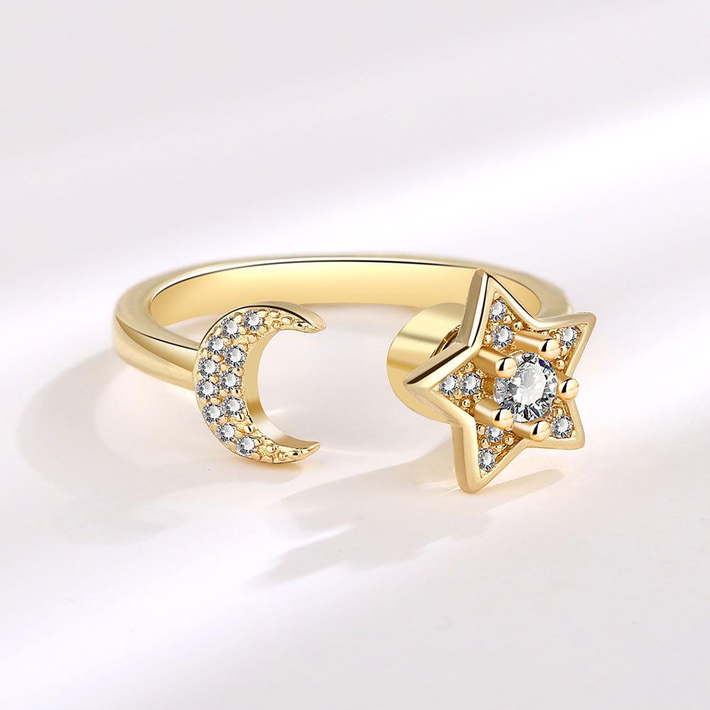 Rotating Star Moon Open Ring For Women Zircon Celestial Stress Relief Adjustable Band Fashion Jewelry Gift