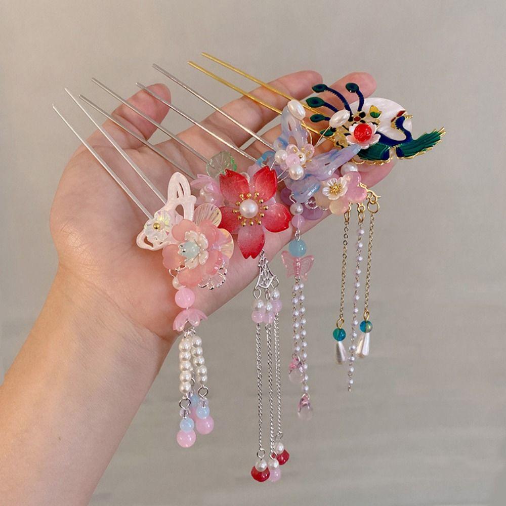 Chinese Style Flower Hair Stick Handmade Hanfu Hair Bun Elegant Butterfly Hairpin  for Hanfu Party