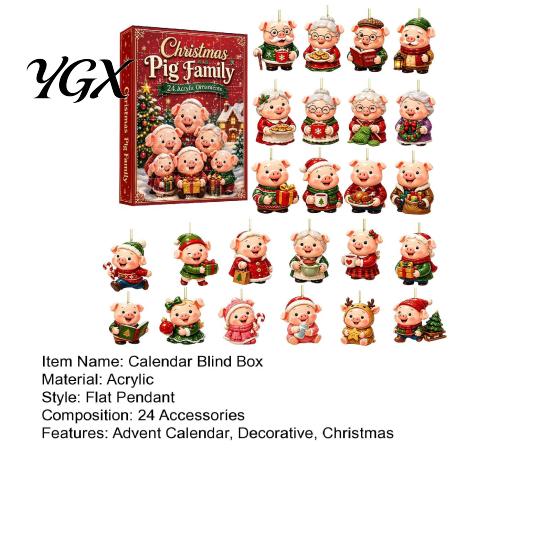 Christmas Home Decor Piggy Family Advent Calendar, 2D Flat Acrylic 24 Days Hanging Surprise Gift Box Ornaments, Decorative Countdown for Holiday Party