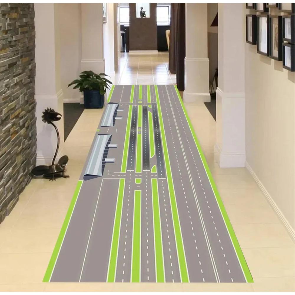 Realistic Airport Runway Carpet Mat Rug, Aviation Theme & Interactive home decoration with Grey Green Tone for Hallway Playroom