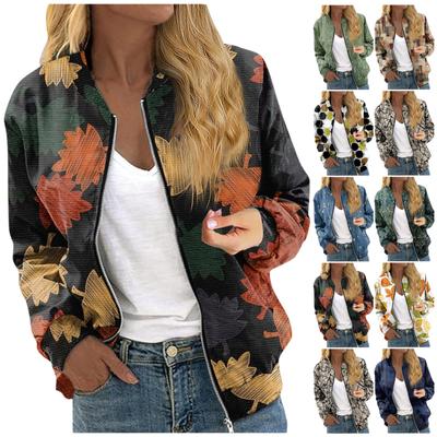 Куртки для женщин, легкие укороченные куртки с длинным рукавом на молнии, модная верхняя одежда с принтом, повседневные стеганые куртки с карманами