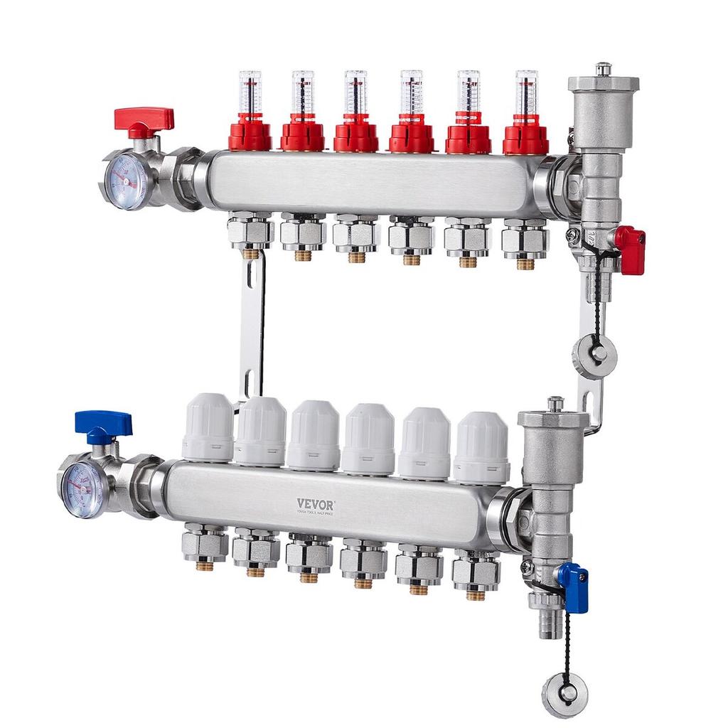 6-Branch Radiant Heat Manifold 1/2" PEX Tubing Floor Heating Manifold Set