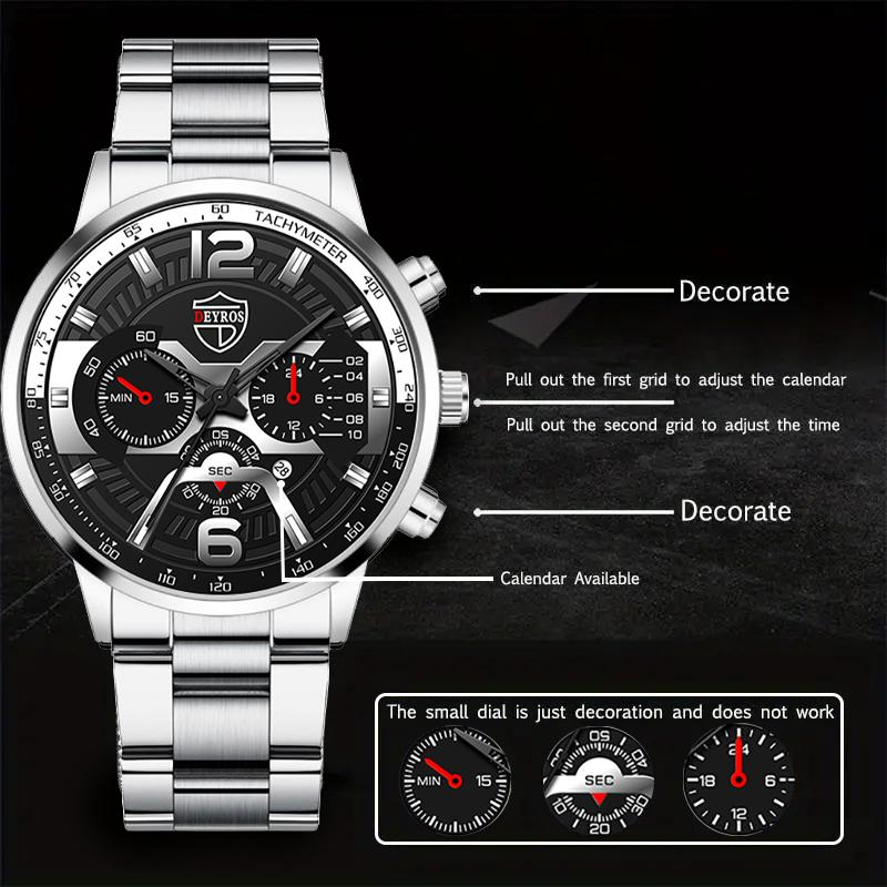 3pcs/set, Fashion Men's Calendar Sports Quartz Watch with Stainless Steel Strap & Bracelet & Necklace, Best Gifts for Him
