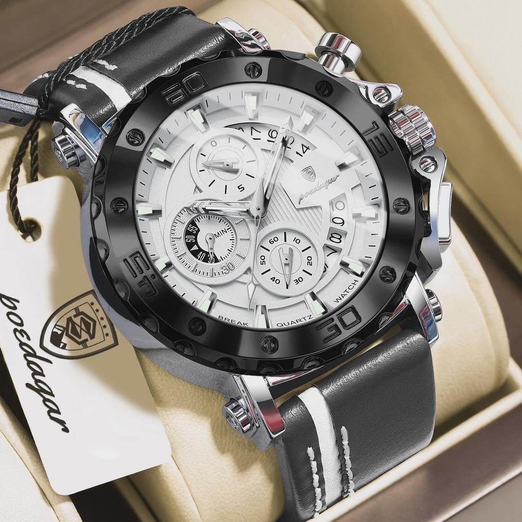 POEDAGAR Fashion Men's Quartz Chronograph Watch Luminous Waterproof with Leather Strap Ideal Gift for Men Business Casual