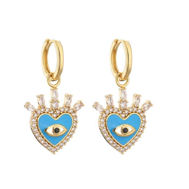 Pair ,Love Heart Shape Evil Eyes Drop Earrings For Women Vintage Statement Crystal Dangle Jewelry
