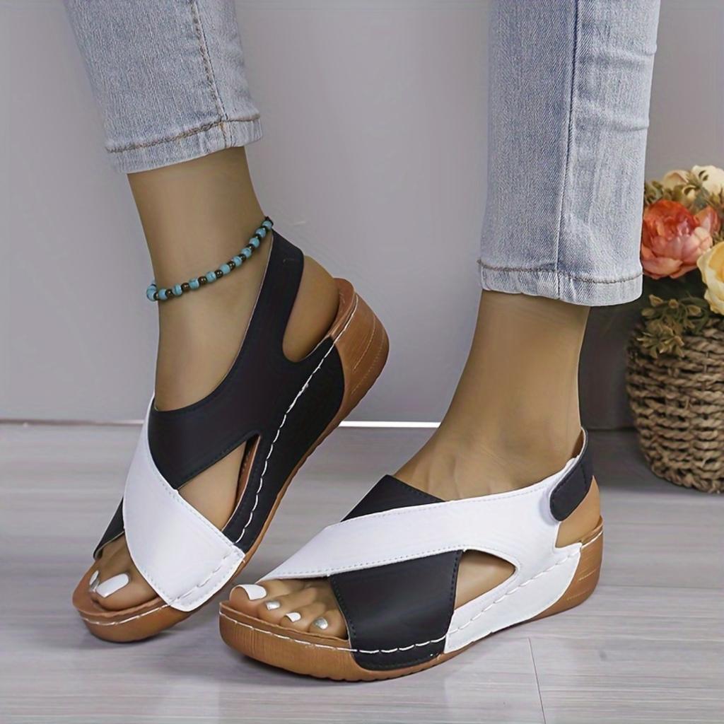 Women's Fashion Clash Colour Slope Heel Sandals,Open Toe Summer Shoes,Cross Strap Design,Mid Heel Platform,Non-Slip Sole,Comfortable Walking Shoes,