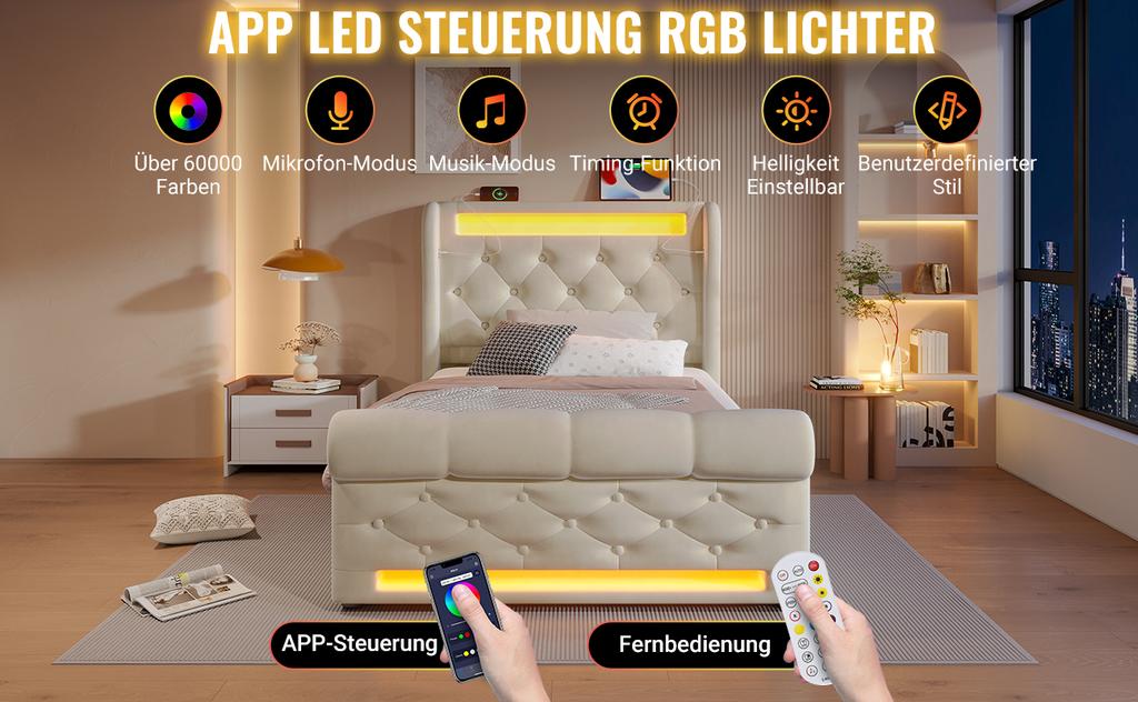 Modern Upholstered Single Bed 90x200cm with LED Lights, Storage Headboard with USB and Type-C Ports, Hydraulic Bed, Beige, Velvet (Without Mattress)