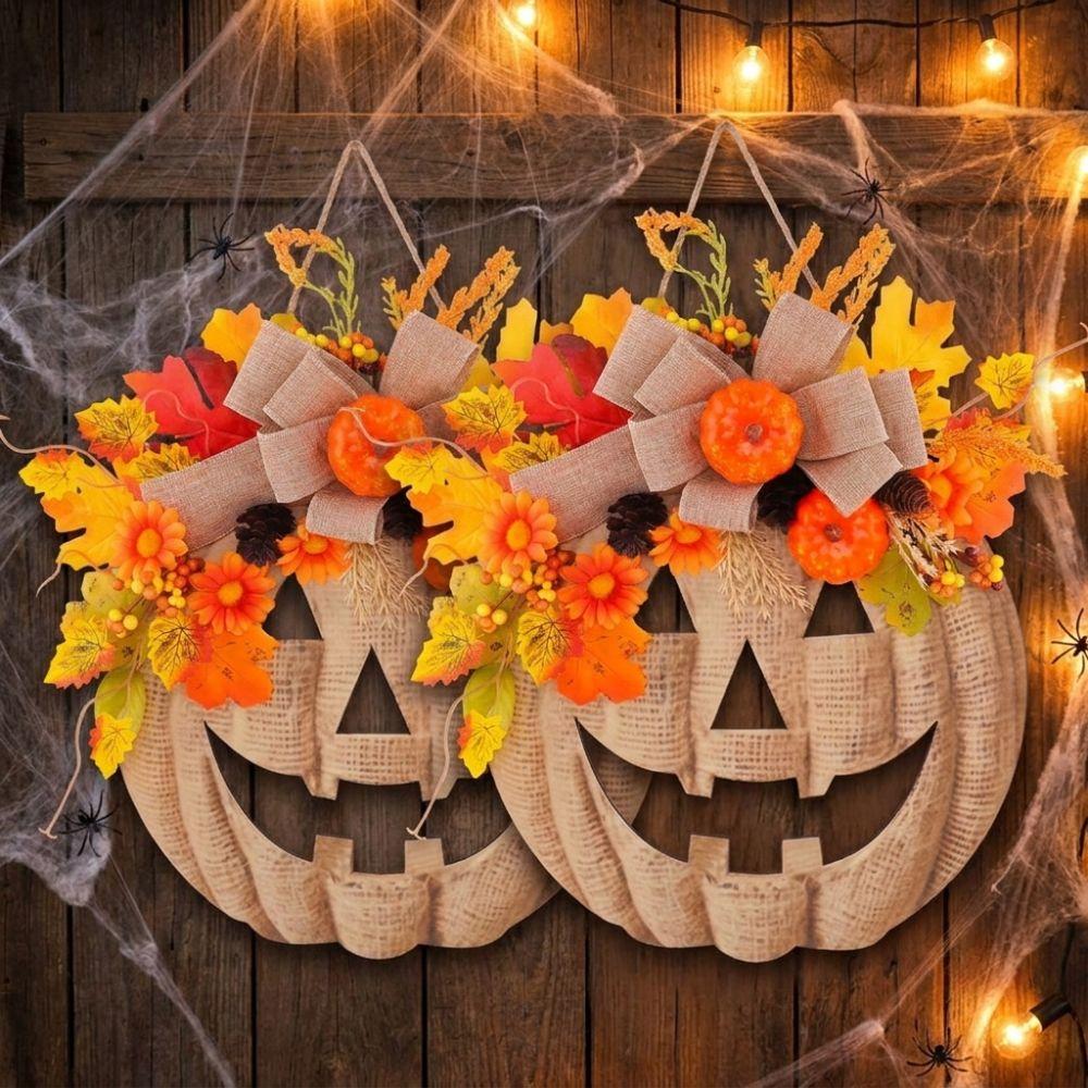 Rustic Halloween Wooden Pumpkin Door Hanger Harvest Maple Leaf Hanging Plaque for Outdoor Use