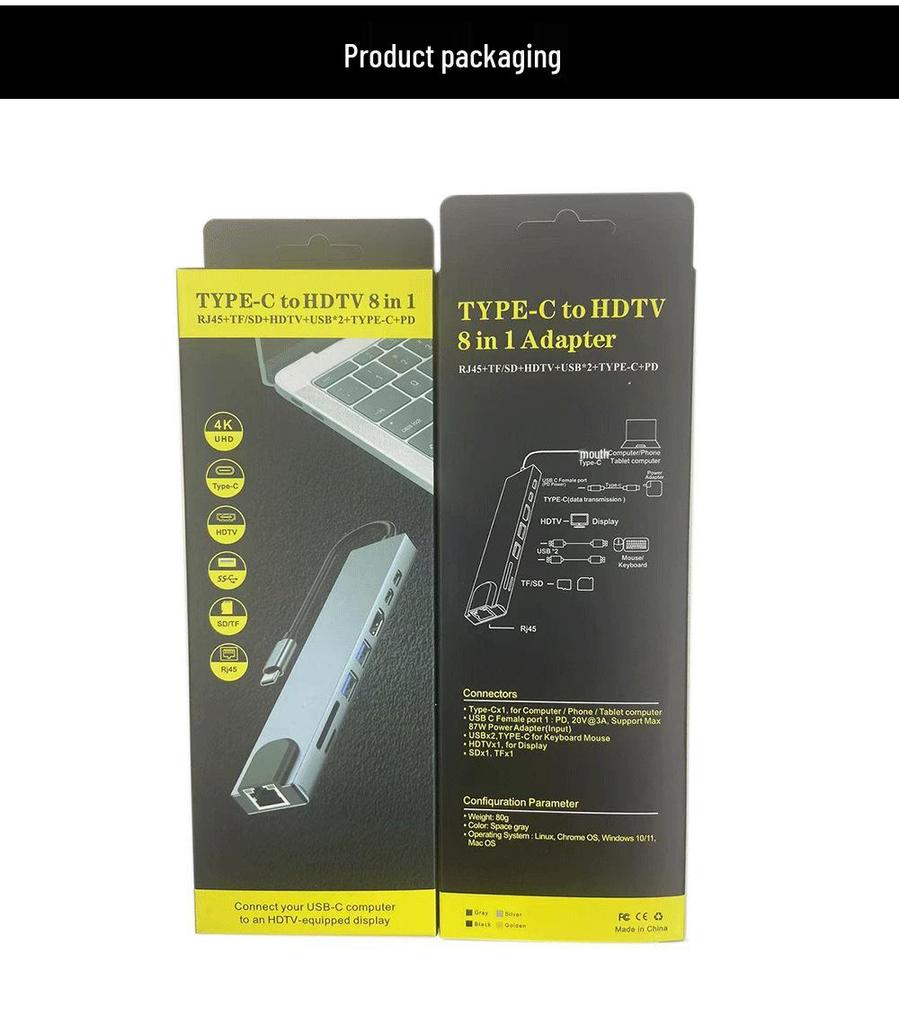 Концентратор USB-C 8-в-1: HDMI, Сетевой адаптер, USB 3.0, Многофункциональный кард-ридер, Док-станция