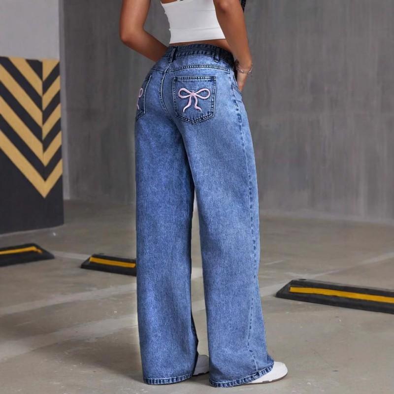 Womens High-Waisted Straight Leg Denim Jeans With Bow Embroidery Loose Fit Streetwear Style 2025