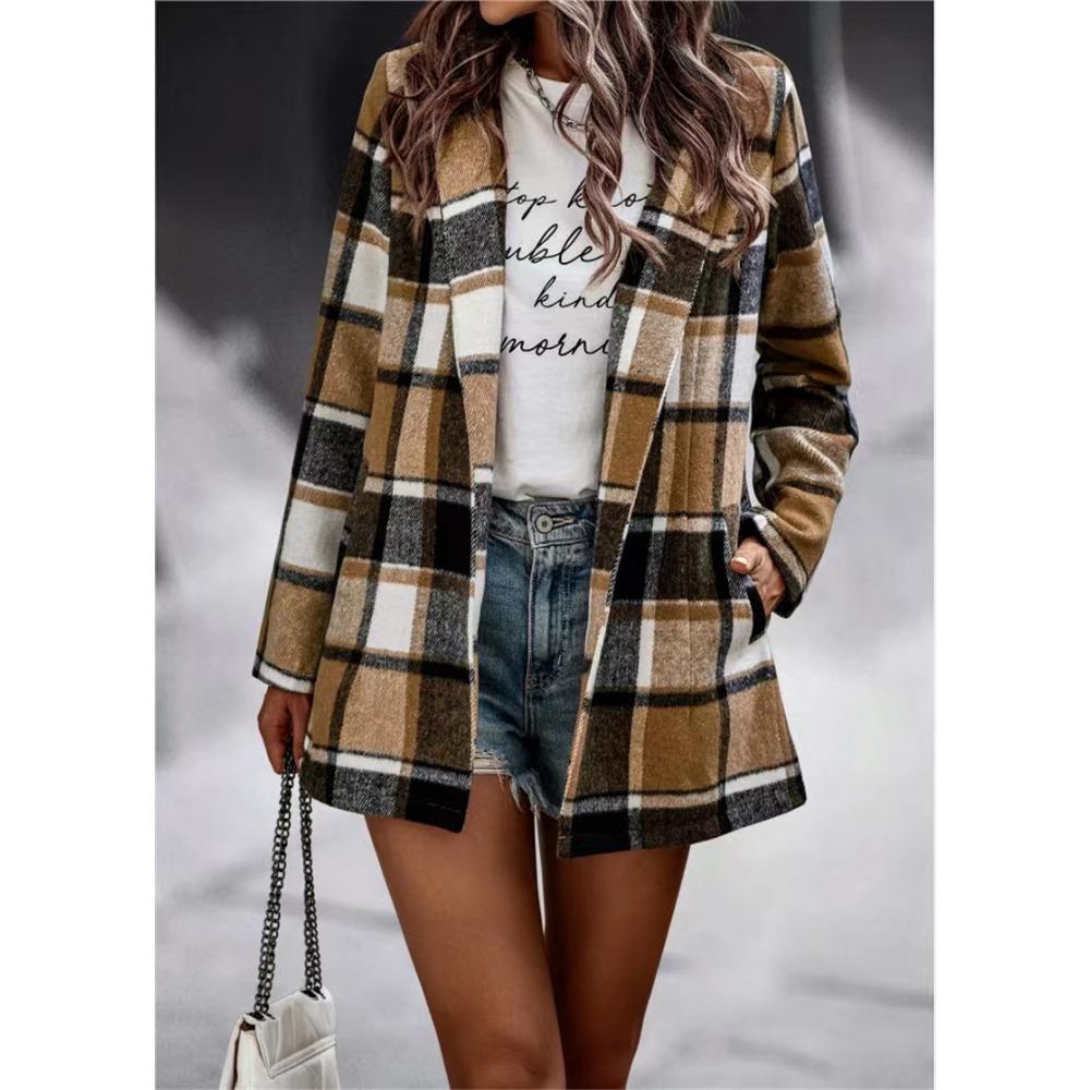 HNXC Women's Vintage Casual Plaid Print Autumn Winter Long Sleeve POLO Neck Jackets & Coats