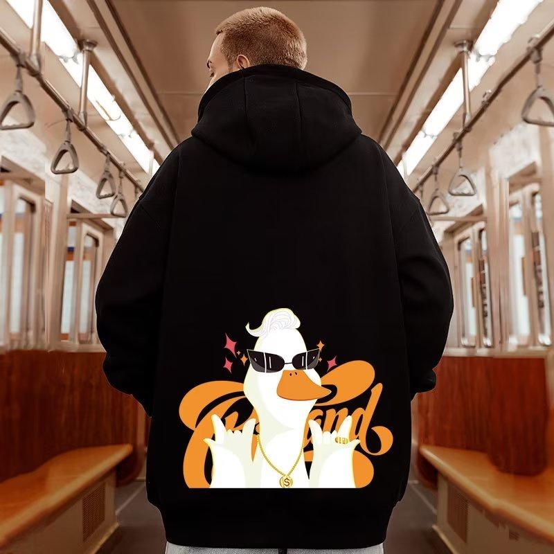 M-8XL Oversized Hoodies Men American Cartoon Duck Boss Print Loose Hoodie Student's Large Soft Velvet Hooded Sweater