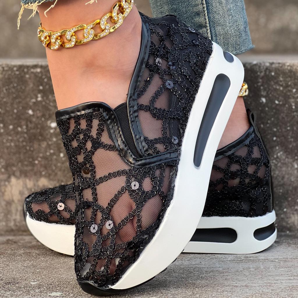 Women's Glitter Sequins Decor Sneakers, Breathable Mesh Inner Wedge Heeled Shoes, Comfortable Platform Carnival Shoes & Music Festival