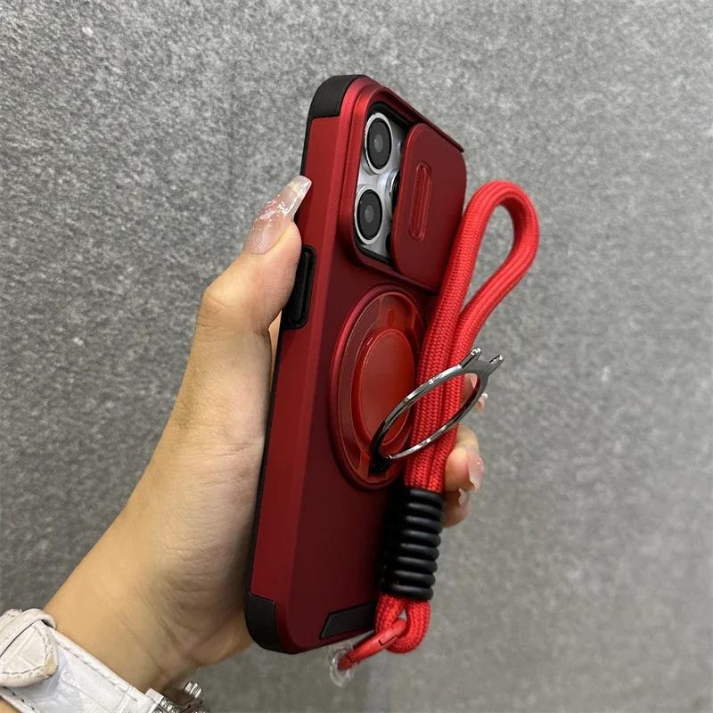 Чехол Armor Magnetic Bracket для iPhone 16 14 13 12 11 15 Pro Max Plus с защитой камеры на шнурке и выдвижным чехлом, противоударный чехол