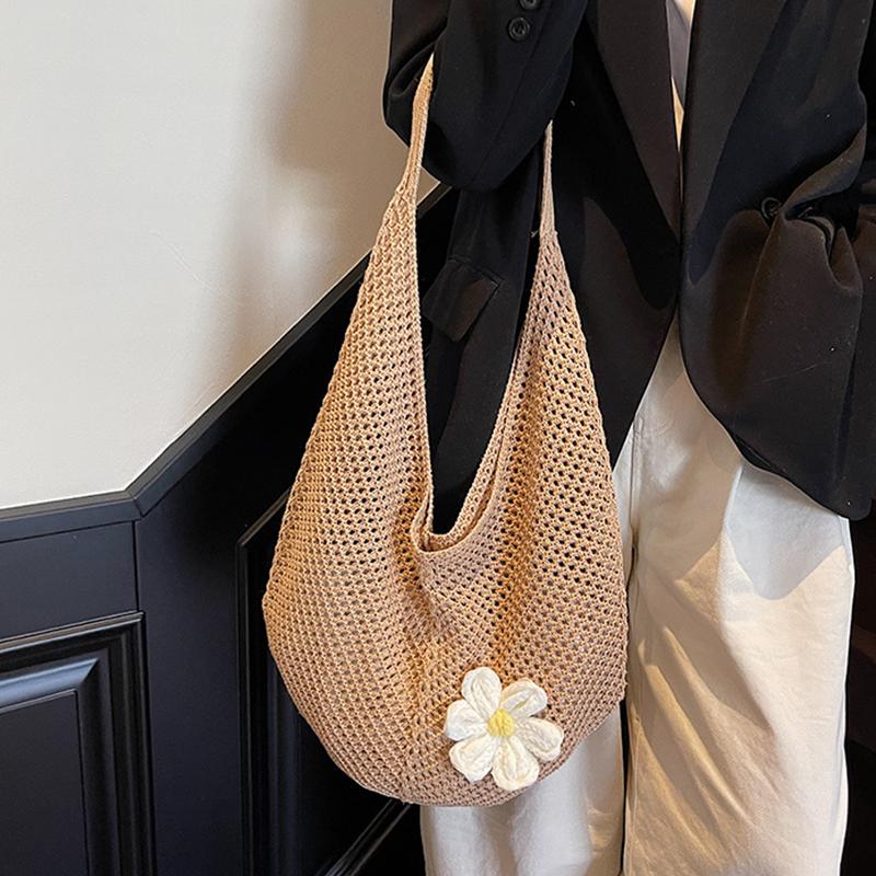 Women's Casual Hollow Out Wicker Woven Ladies Handmade Totes Bag Large Capacity Summer Beach Floral Decor Female's Shoulder Bag