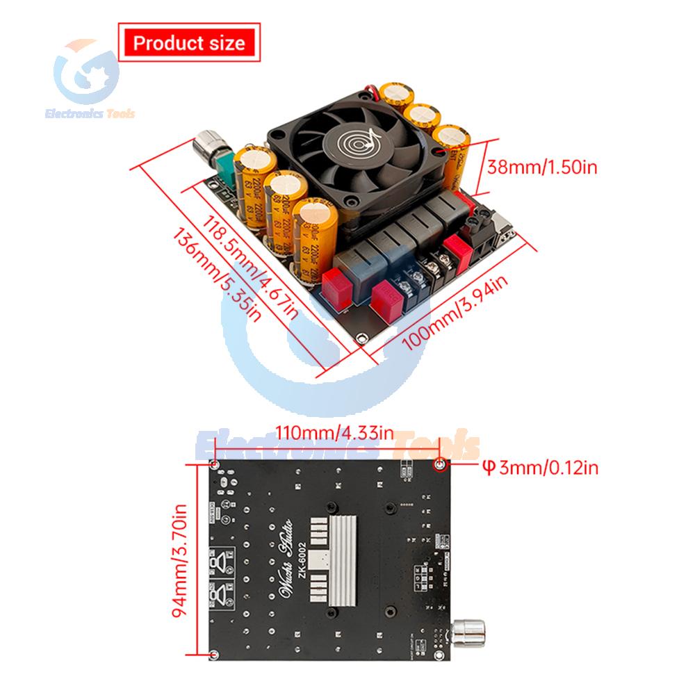 ZK-6002 1200 В Высокомощная плата усилителя HIFI 2.0 Стерео TPA3255 Двухканальный стерео чип усилителя мощности DC 18-50 В
