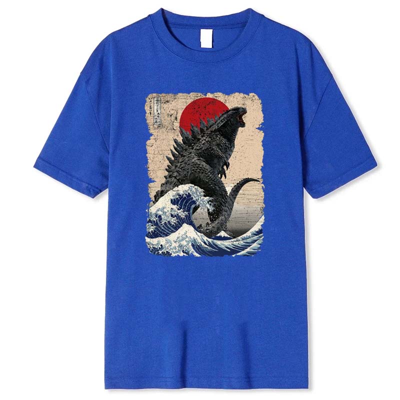 Футболки с коротким рукавом Уникальная японская футболка Godzillaed Great Wave Летняя женская мужская футболка с круглым вырезом из чистого хлопка унисекс
