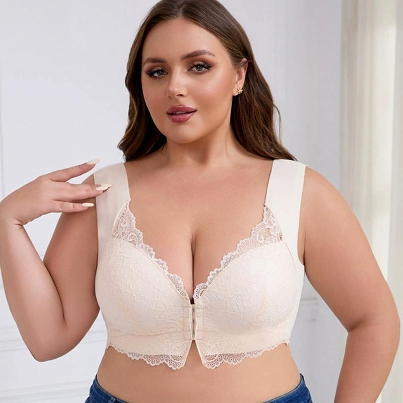Женский кружевной бюстгальтер с широкими бретелями большого размера, бюстгальтер с застежкой спереди, собирающий бюстгальтер