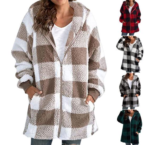 Женское пальто, клетчатая молния с капюшоном, свободные карманы, куртка-кардиган, осень-зима, толстое плюшевое пальто, уличная одежда
