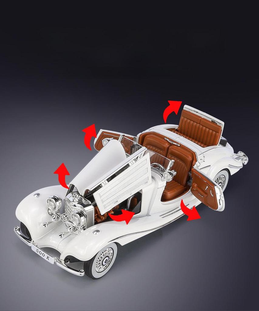 1/24 Mercedes-Benz 500K Модель автомобиля из легкого сплава со звуком и светом: Классический ретро-украшение с откидной крышкой, подарочная коробка к празднику середины осени