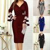 Women Party Dress Mesh Patchwork Low-cut V Neck Knee Length Slim Fit Sheath Long Flared Sleeve Solid Color Tight Waist Lady Prom Banquet Dress
