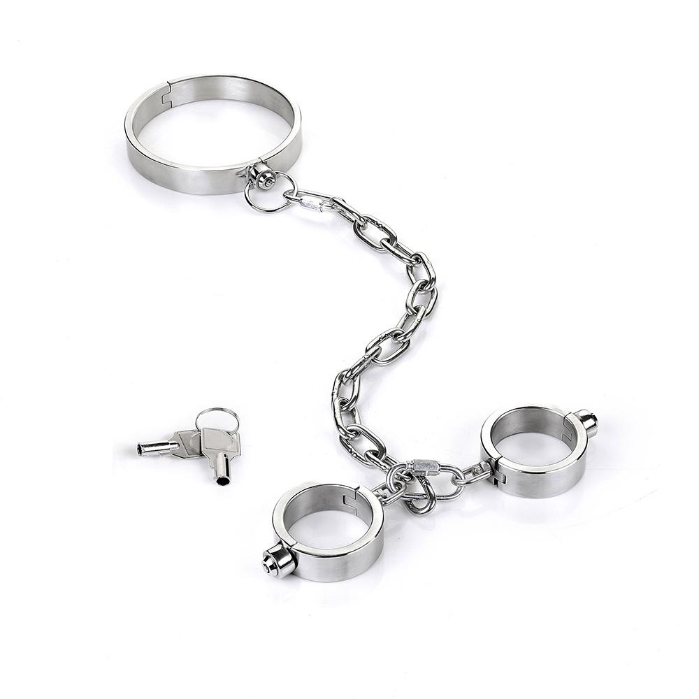 Тяжелые наручники из нержавеющей стали и ножные кандалы, набор, рабский ограничительный комплект, металлический ошейник, съемные наручники, секс-игрушки для пар