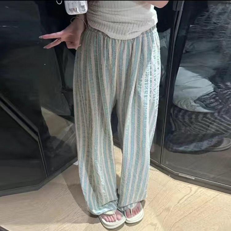 Хлопковые и льняные полосатые брюки для женщин на лето, тонкие, повседневные, свободные, с прямыми штанинами, широкие брюки для прогулок