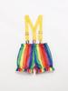Baby Toddler 2 Pieces Clown Costume Circus Romper Long Sleeve Bow Tie Pompom Crotch Button Romper with Adjustable Strap Colorful Suspenders Shorts Out