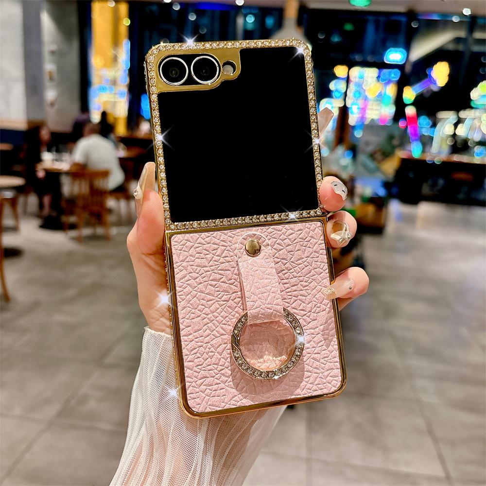 Luxury Rhinestone Plating Frame Lychee Leather Phone Case For SAMSUNG Z Flip 7 6 5 4 3 Finger Ring Solid Color Protective Cover