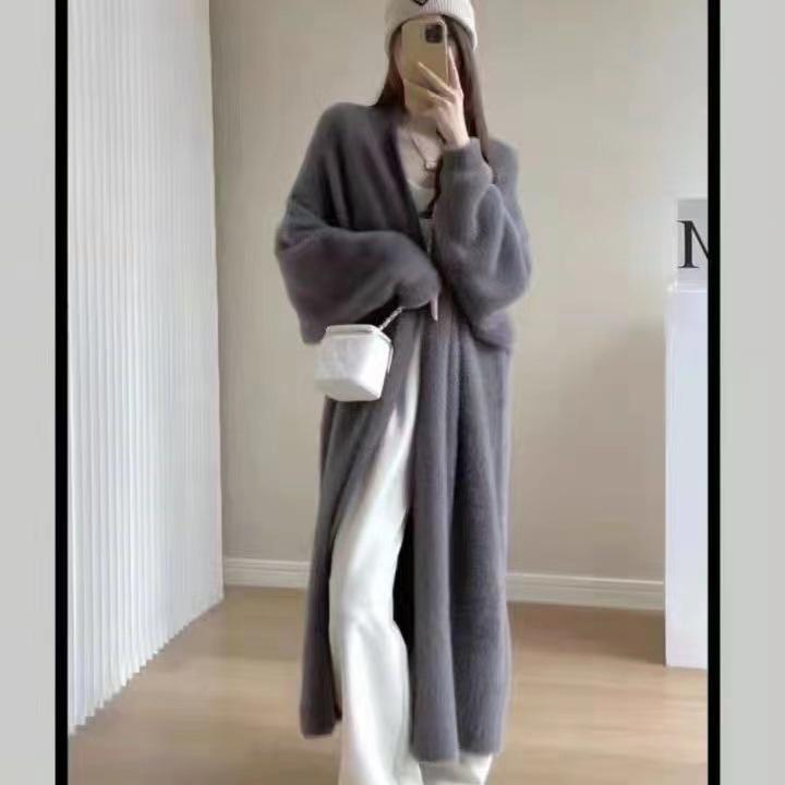 Длинный кардиган из искусственного норкового бархата - Женское осенне-зимнее вязаное пальто свободного кроя