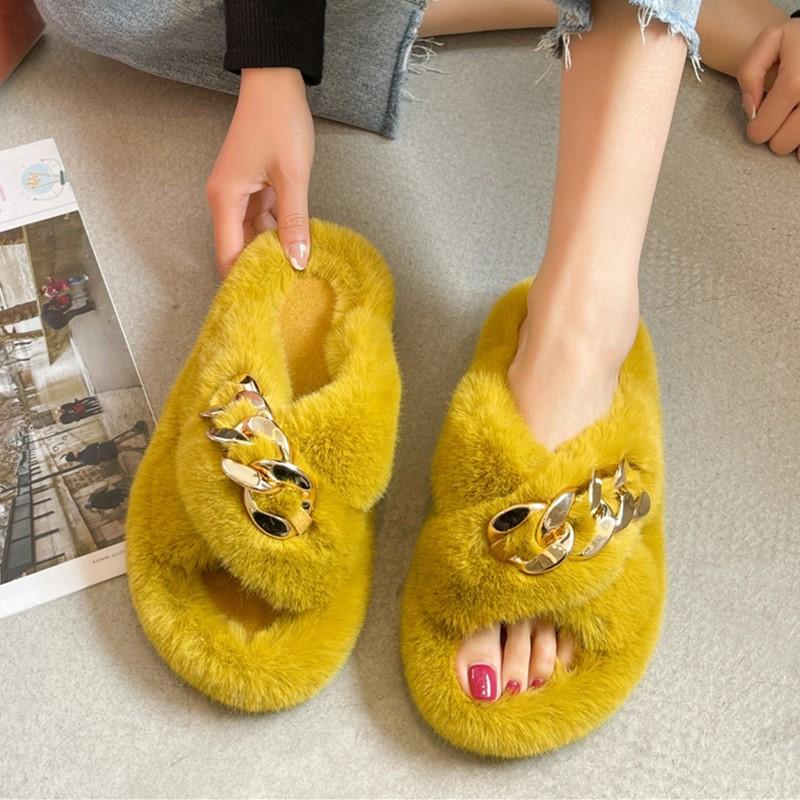 Popular Mao Mao Slippers Women's Outer Wear Chain Thick Bottom Increases Height Spring and Summer Fashion Going Out Plush Cross Autumn and Winter