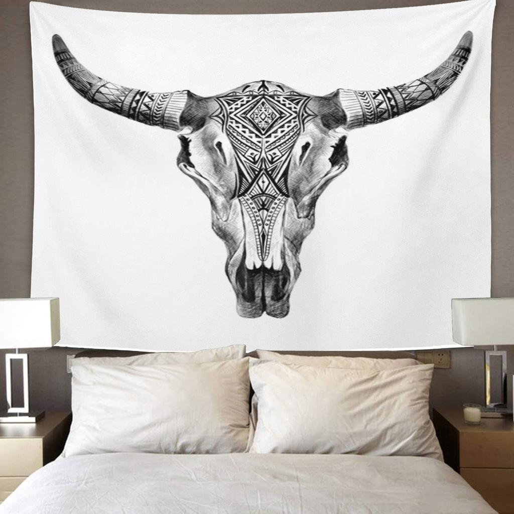 Emvency Tapestry Bull Aztec Longhorn Skull Cow Tribal Western Animals Home Decor Wall Hanging for Living Room Bedroom Dorm 50x60 inches