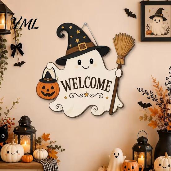 Hanging Door Sign Halloween Wooden Ghost Welcome for Front Door, Rustic Cartoon Hanger Plaque with Pumpkin Wizard Hat And Broom Holiday Party