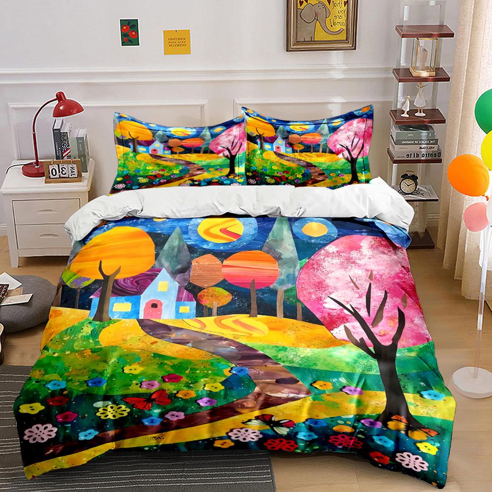 Colorful trees and house. Bedding sets Duvet cover sets Duvet covers Pillowcases(1 * Duvet Cover 2 * Pillowcases without duvet insert)