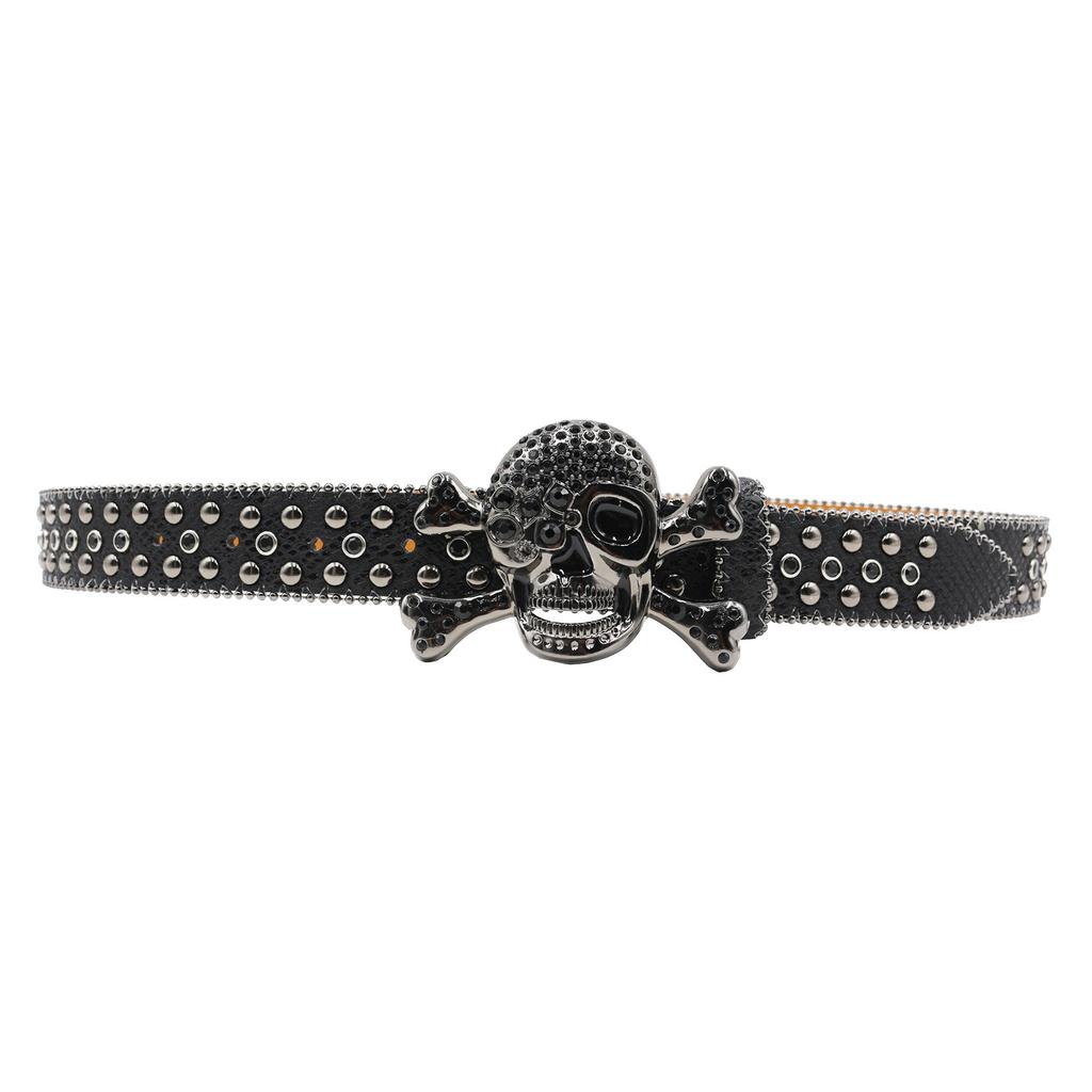 Snake Pattern Diamond Skull Belt Pin Buckle Retro Rhinestone Men and Women Denim Belt Fashion Hip-hop Punk Outfit