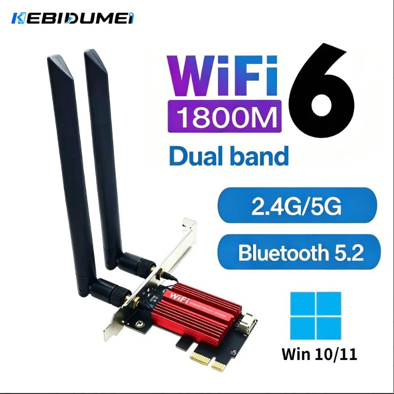 KEBIDUMEI WiFi 6 AX1800 PCI-E Wireless Adapter Network Card WiFi5 AC1200 Dual Band 2.4G/5G For Bluetooth Desktop Laptop Win10/11