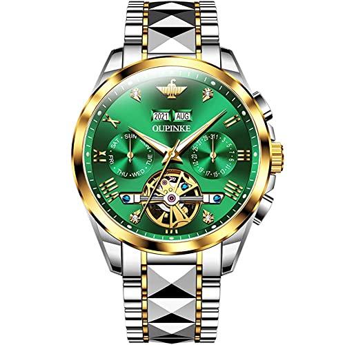 Men's Automatic Watch with Green Dial, Popular Skeleton Design, Sapphire and Tungsten Steel, Waterproof, Date Display, Luminous Green